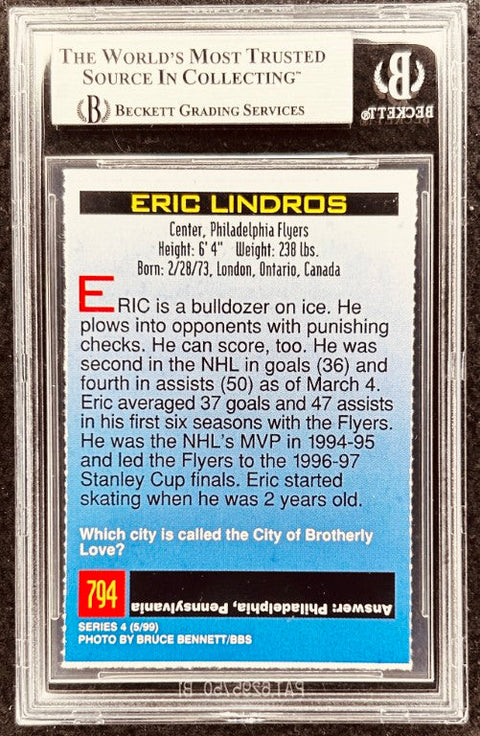 Eric Lindros signed Flyers 1999 SI for Kids card BAS (back)