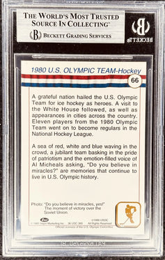 Beckett graded 1980 U.S. Olympic Team hockey card, descriptive text about 'Miracle on Ice'.