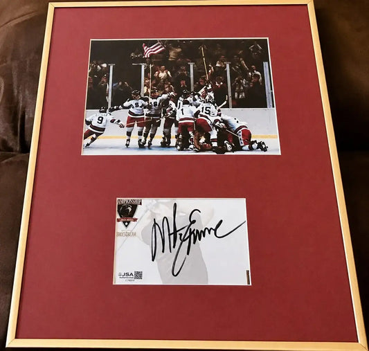 Mike Eruzione signed card framed w/ 1980 USA Miracle on Ice photo JSA - AutographsForSale.com