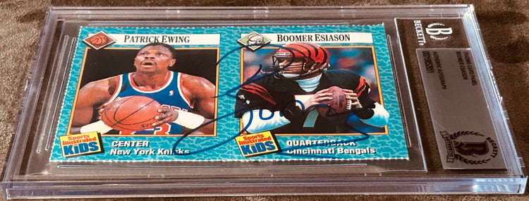 Autographed Patrick Ewing & Boomer Esiason Sports Illustrated Kids card, authenticated, in protective case
