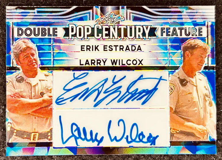 Leaf Pop Century autographed card featuring Erik Estrada and Larry Wilcox in police uniforms