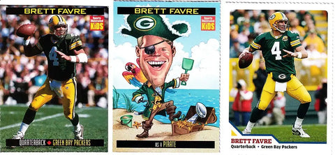 Brett Favre Green Bay Packers football cards, including pirate caricature and action shots