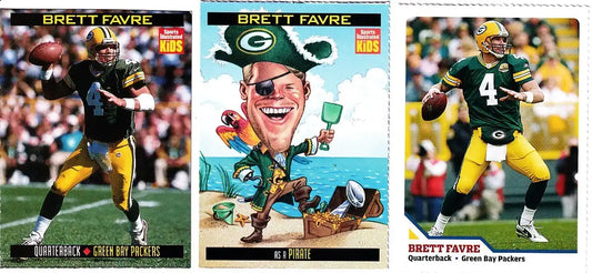 Brett Favre Green Bay Packers football cards, including pirate caricature and action shots