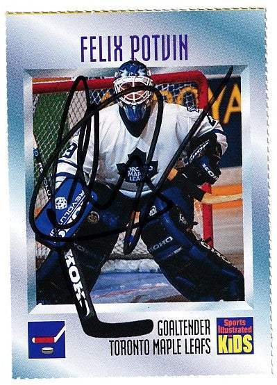 Felix Potvin autographed SI for Kids card - goaltender for the Toronto Maple Leafs, signed in blue Sharpie