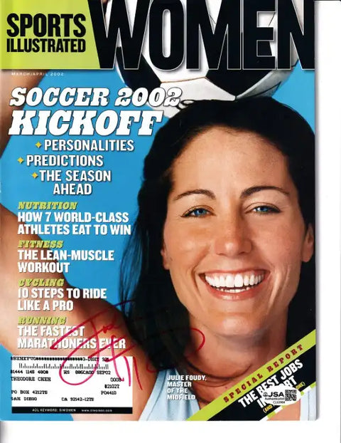 Autographed Sports Illustrated Women magazine cover featuring Julie Foudy, soccer star, 2002 issue