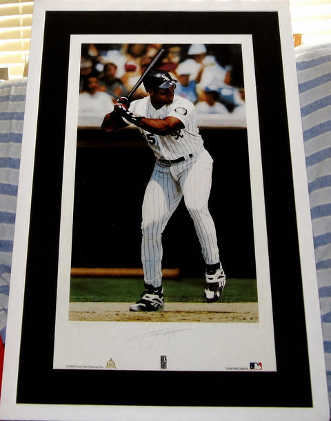 Framed autographed MLB baseball print of player at bat in pinstripe uniform, signed memorabilia