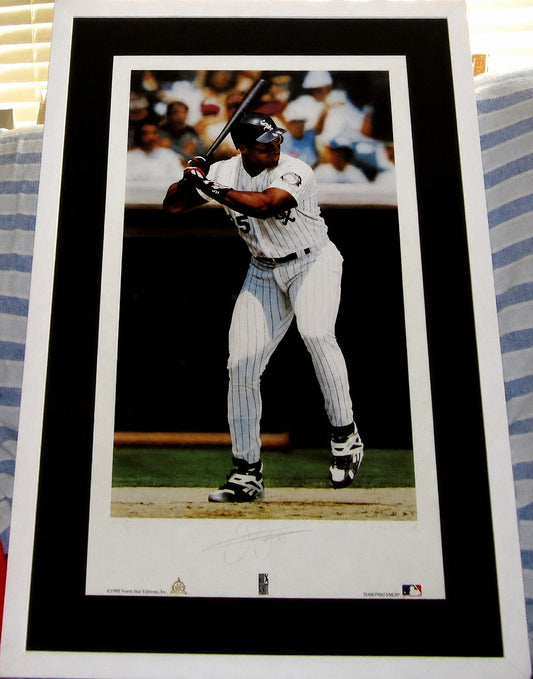 Framed autographed MLB baseball print of player at bat in pinstripe uniform, signed memorabilia