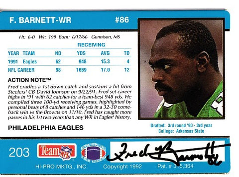 Fred Barnett autographed Philadelphia Eagles 1992 Action Packed card - AutographsForSale.com
