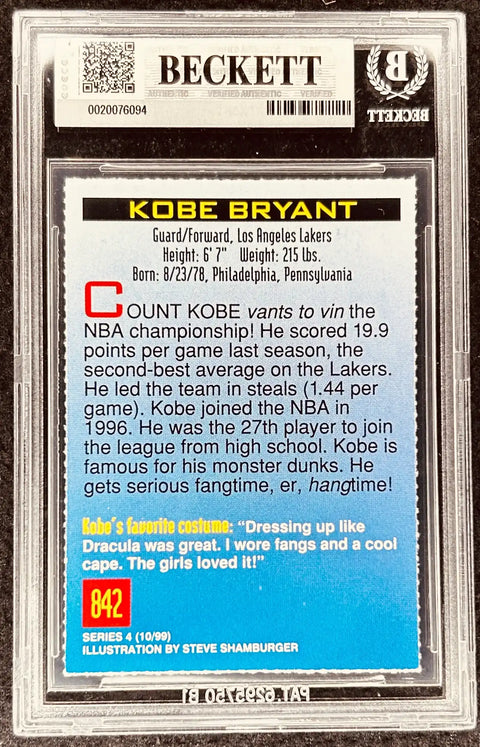 Beckett authenticated Kobe Bryant SI for Kids trading card, Los Angeles Lakers guard/forward, card #842