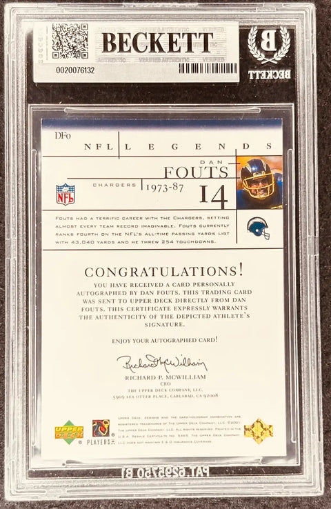 Dan Fouts autographed NFL Legends trading card, authenticated by Beckett, Chargers QB 1973-87