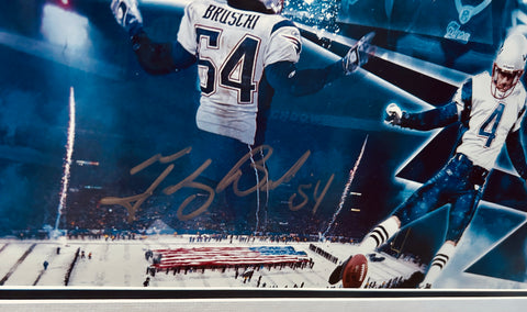 Autographed NFL photo of Bruschi #54 & kicker, game action on snowy field with American flag, authentic sports memorabilia