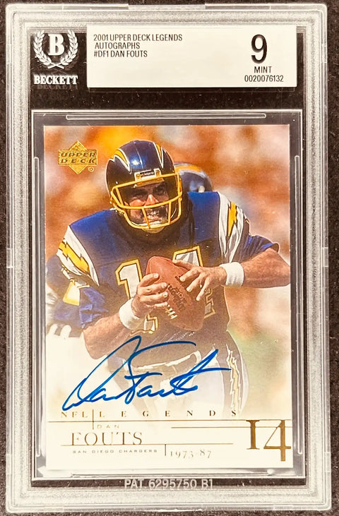 Beckett graded 2001 Upper Deck Dan Fouts autograph card, NFL Legends, San Diego Chargers, #14, BGS 9 Mint