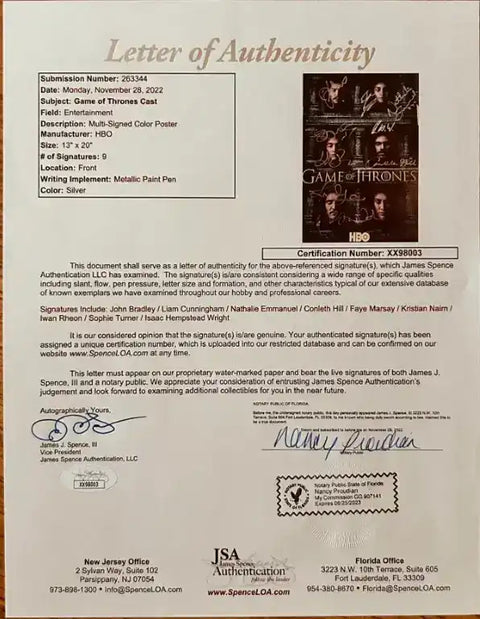 GameOfThrones2016PosterLOA - AutographsForSale.com