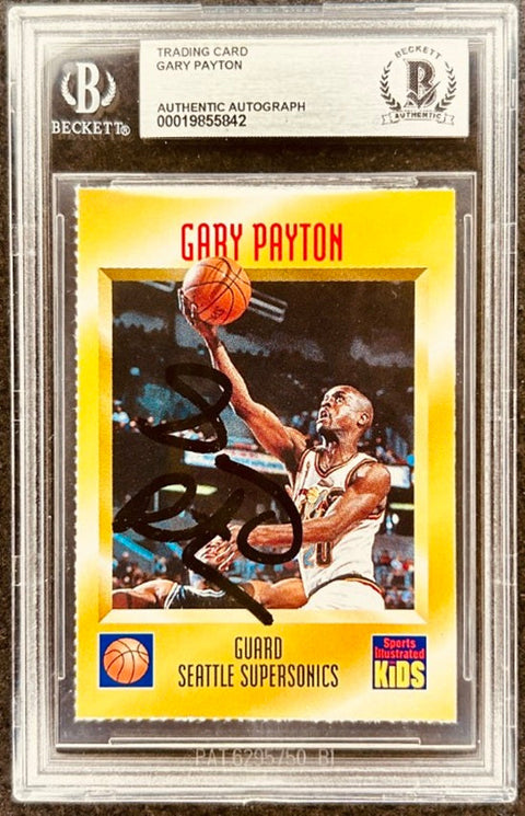 Gary Payton signed Sonics 1997 SI for Kids card BAS