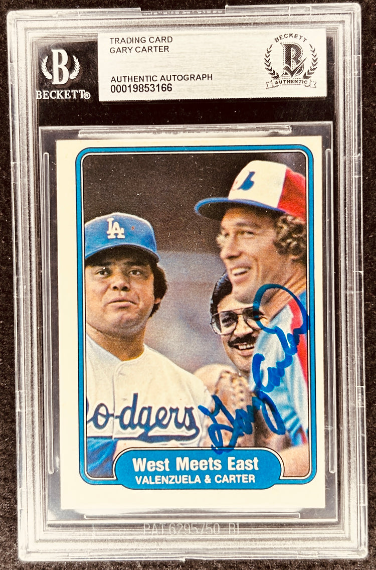 Gary Carter autographed baseball card, Beckett authenticated, featuring Valenzuela & Carter 'West Meets East'
