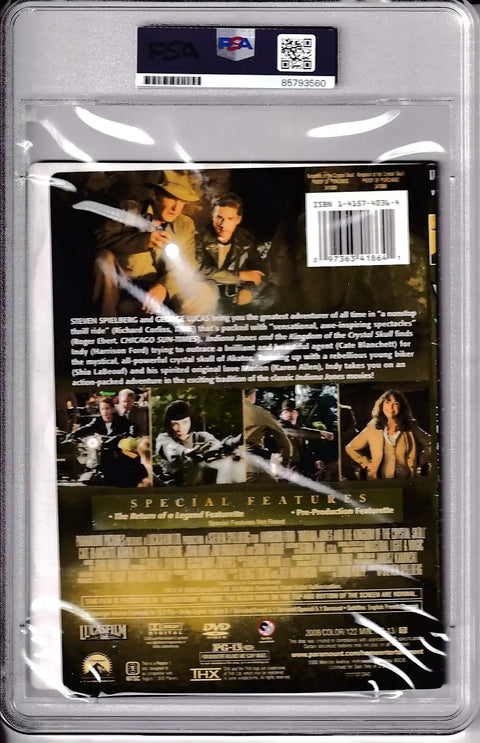Indiana Jones DVD back cover in PSA graded slab, featuring movie scenes and special features text