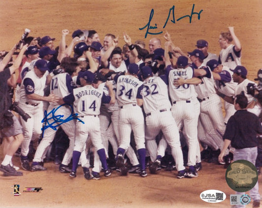 Baseball team celebrates on field, signed photo with JSA authentication, World Series scene
