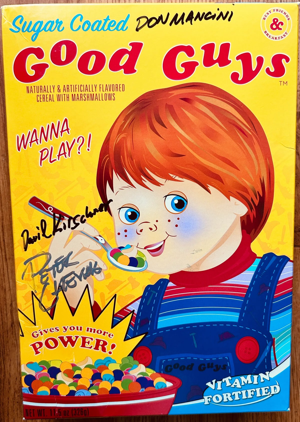 Don Mancini & David Kirschner signed Child’s Play Chucky Good Guys cereal box - AutographsForSale.com