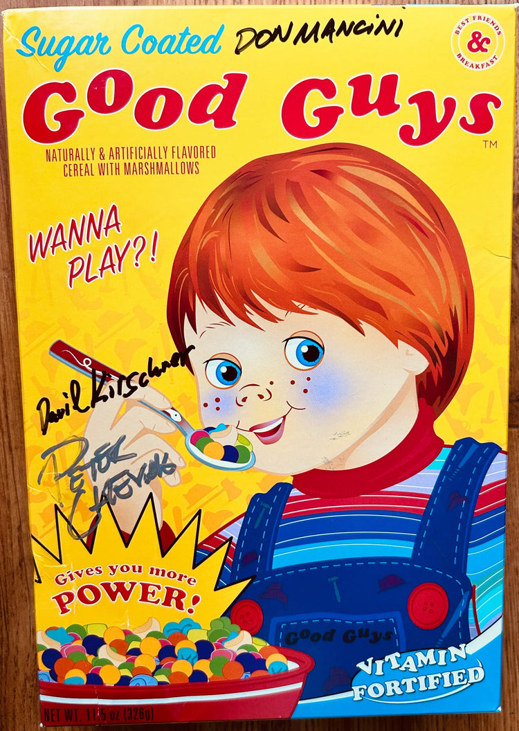 Don Mancini & David Kirschner signed Child’s Play Chucky Good Guys cereal box - AutographsForSale.com