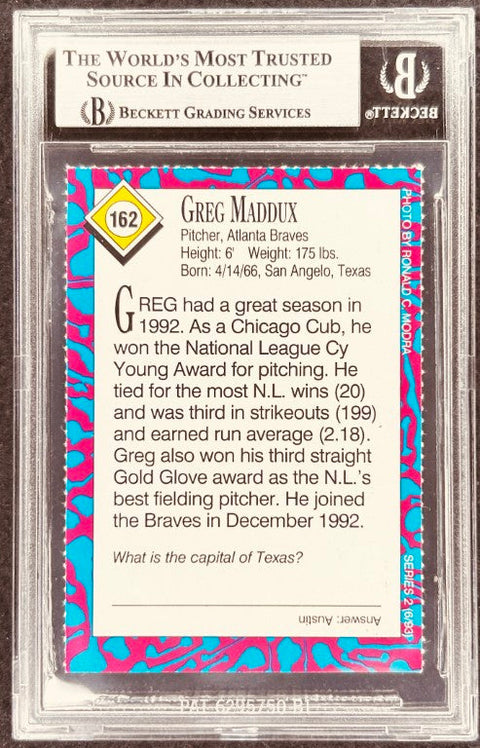 Greg Maddux signed Braves 1993 SI for Kids card BAS (back)