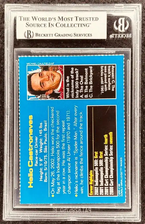 Hello Castroneves signed racing card, Beckett graded, Indy 500 memorabilia