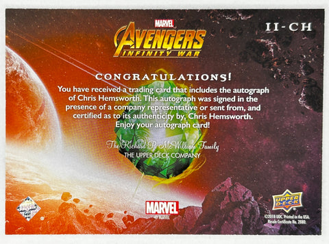 Chris Hemsworth certified autograph Avengers Infinity War THOR 2018 Upper Deck card - AutographsForSale.com