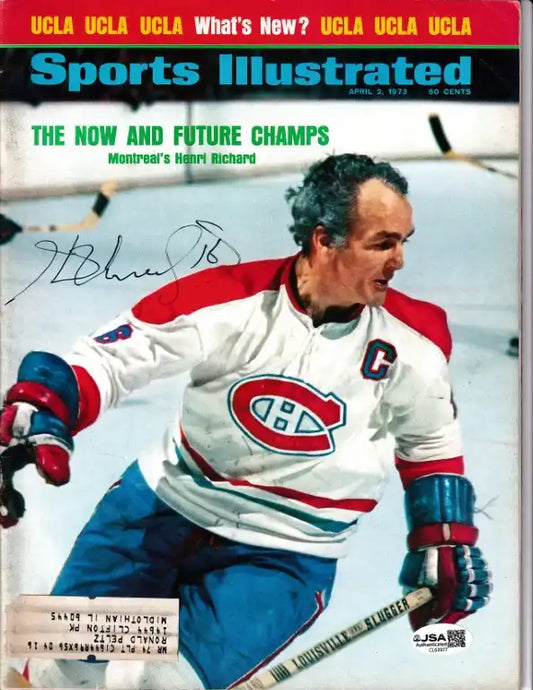 Signed Sports Illustrated cover featuring Montreal Canadiens' Henri Richard in action, NHL hockey memorabilia