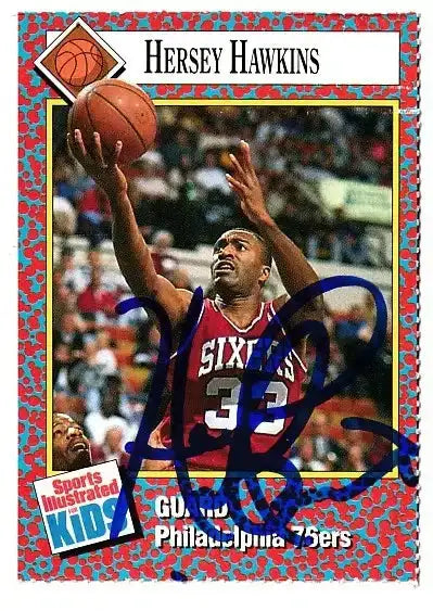 Hersey Hawkins autographed SI for Kids card - guard for the Philadelphia 76ers, signed in blue Sharpie