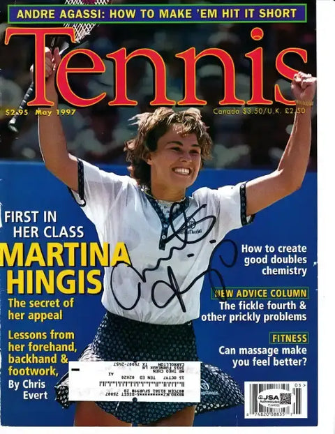 Martina Hingis signed Tennis magazine cover, May 1997, authentic autograph collectible
