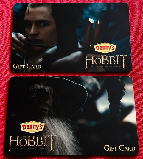 Denny's The Hobbit gift cards featuring Legolas and Gandalf, collectible movie memorabilia