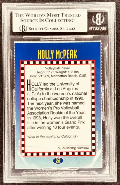 Holly McPeak volleyball player autographed card graded by Beckett, featuring career stats and trivia