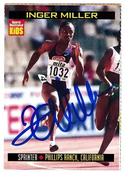 Inger Miller autographed SI for Kids card - U.S. Olympic sprinter, signed in blue Sharpie