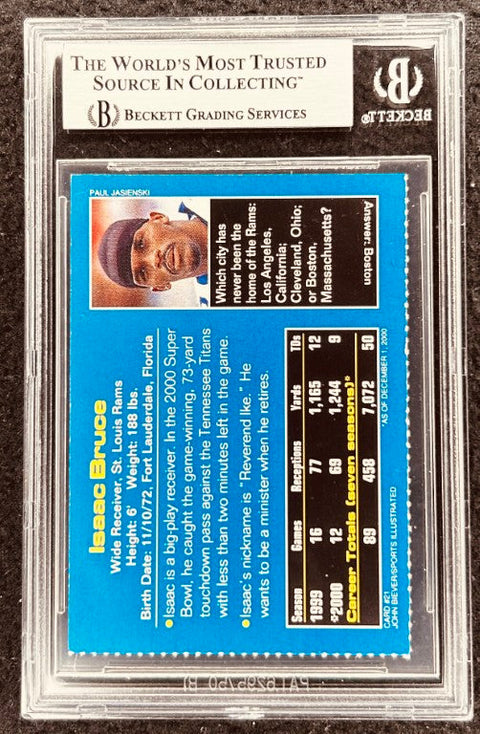 Isaac Bruce signed Rams 2001 SI for Kids card BAS (back)