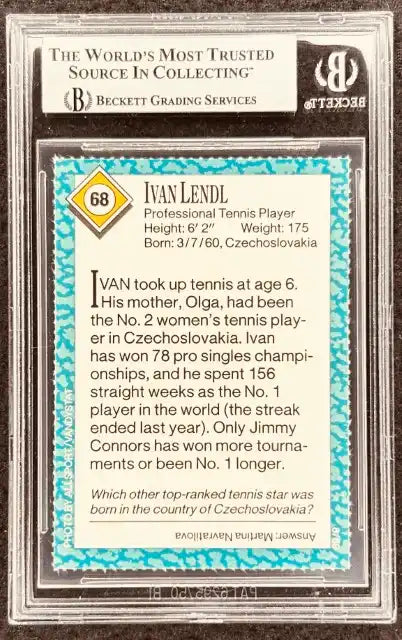 Ivan Lendl tennis card, graded by Beckett, featuring stats and career highlights for collectors.