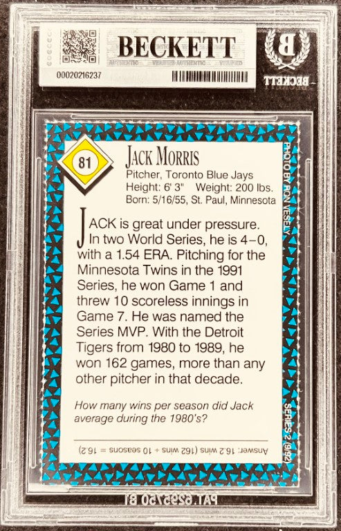 Jack Morris 1982 Topps baseball card, authenticated Beckett slab, MLB memorabilia collectible