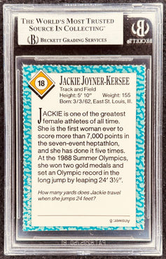 Jackie Joyner-Kersee autographed collectible card, graded by Beckett, featuring Olympic track and field stats and trivia