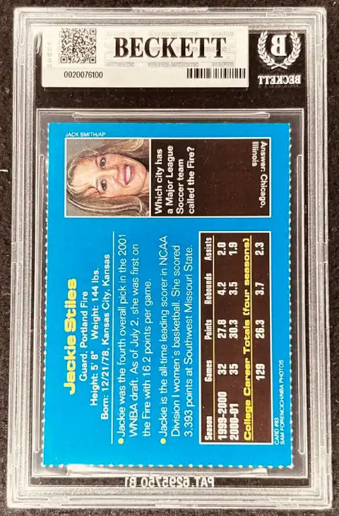Jackie Stiles WNBA basketball card, Beckett graded, featuring stats and bio, authentic signed memorabilia
