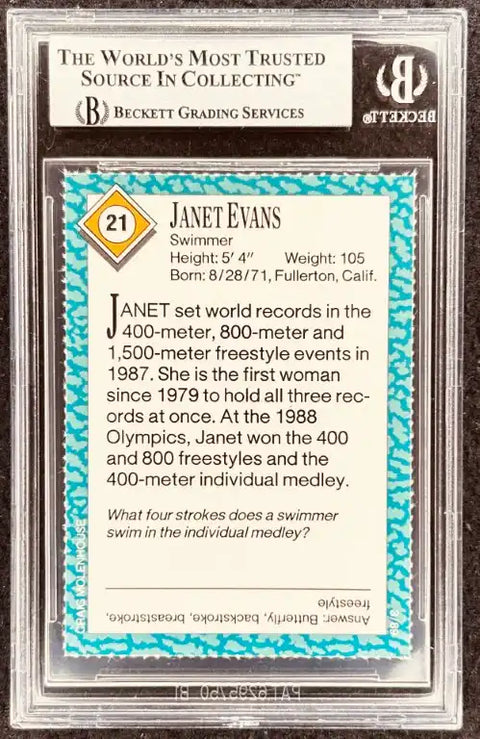 Janet Evans swimmer trading card, Beckett graded, highlighting Olympic records and freestyle achievements