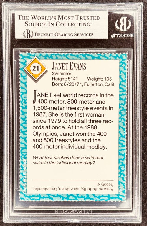 Janet Evans swimmer trading card, Beckett graded, highlighting Olympic records and freestyle achievements