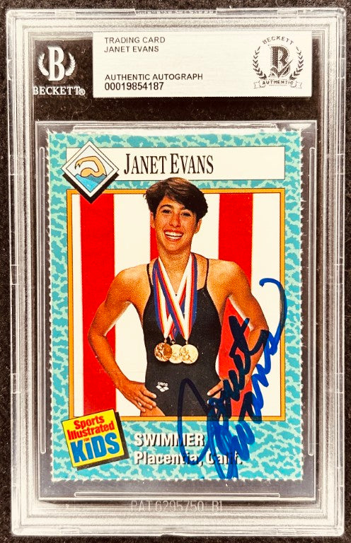 Janet Evans autographed trading card, swimmer with medals, Beckett authenticated, Sports Illustrated Kids