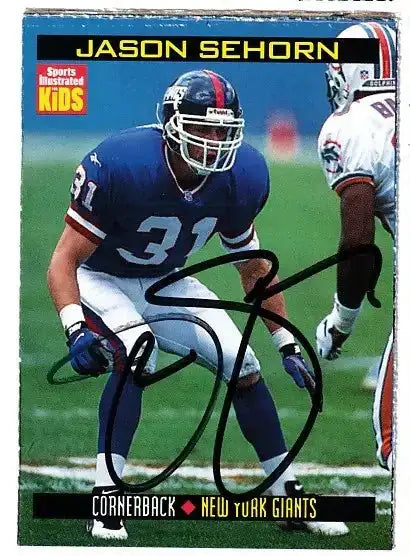 Jason Sehorn autographed SI for Kids card - cornerback for the New York Giants, signed in blue Sharpie