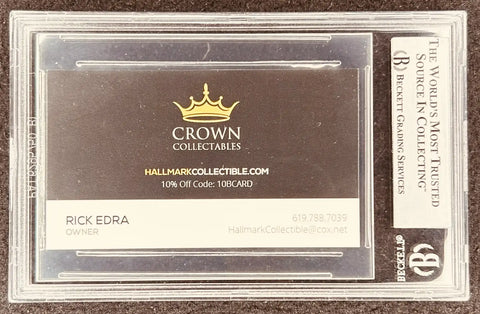 Crown Collectables business card in Beckett Grading Services protective case, memorabilia display
