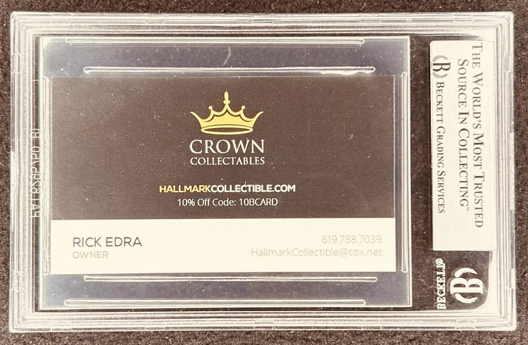 Crown Collectables business card in Beckett Grading Services protective case, memorabilia display