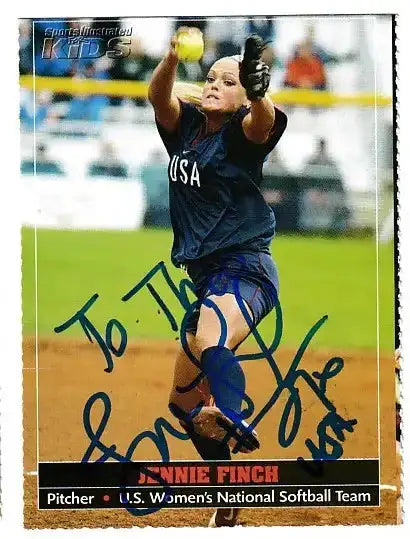 Jennie Finch autographed SI for Kids card - pitcher for the U.S. Women's National Softball Team, signed in blue Sharpie