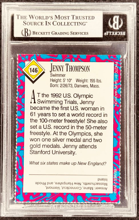 Jenny Thompson swimmer trading card, 1992 U.S. Olympic Trials, Beckett graded, signed memorabilia