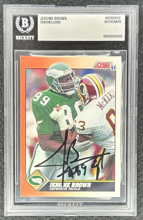 Jerome Brown signed Philadelphia Eagles 1991 Score card BAS slab - AutographsForSale.com