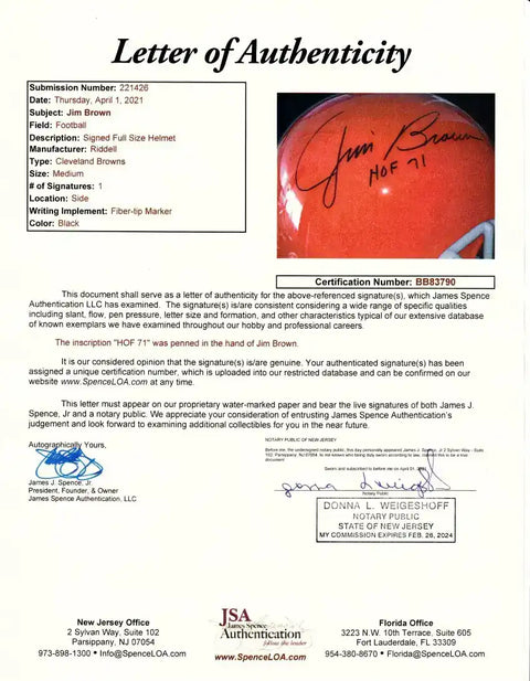JimBrownFSHelmetJSALOA - AutographsForSale.com