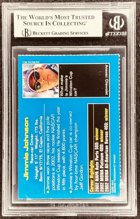 Jimmie Johnson NASCAR trading card, Beckett graded, featuring career highlights and stats