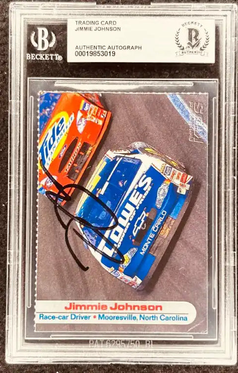 Jimmie Johnson autographed racing trading card, Beckett authenticated, featuring Lowe's and Tide cars.