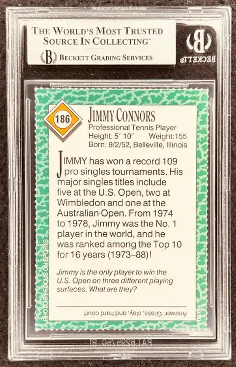 Jimmy Connors tennis card, Beckett graded, pro singles titles, U.S. Open champion, authentic sports memorabilia